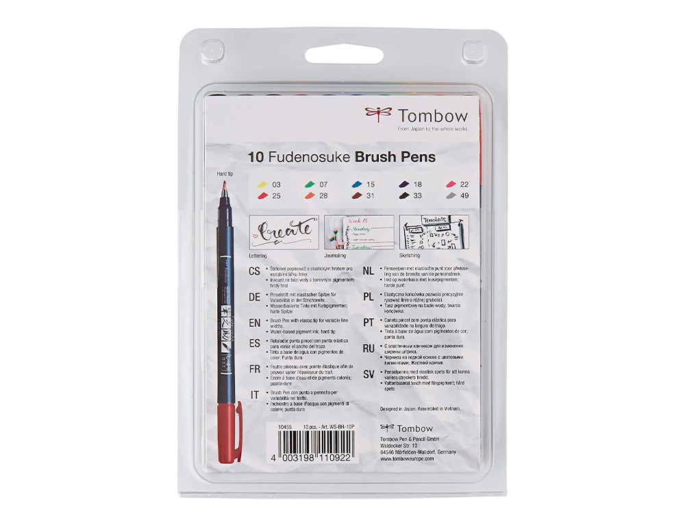 ROTULADOR TOMBOW FUDENOSUKE TINTA BASE DE AGUA PUNTA PINCEL DURA ESTUCHE DE 10 UNIDADES COLORES SURTIDOS