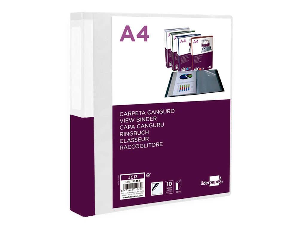 CARPETA LIDERPAPEL 10 FUNDAS CANGURO PP DIN A4 TRANSPARENTEPORTADA Y LOMO PERSONALIZABLE