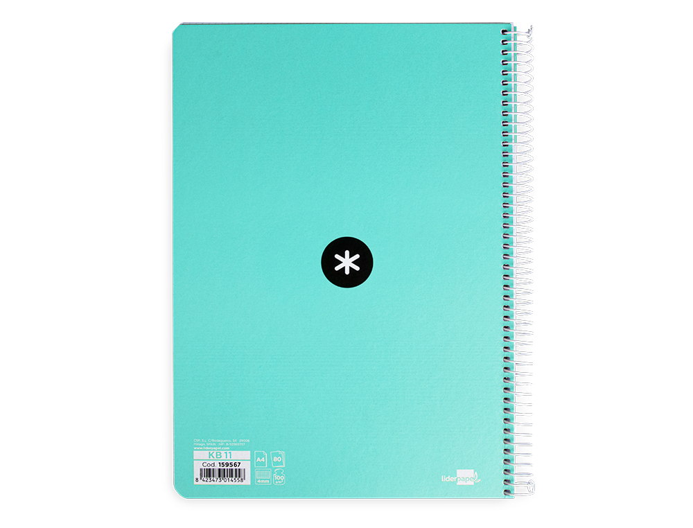 CUADERNO ESPIRAL A4 ANTARTIK TAPA DURA 80H 90GR CUADRO 4MM CON MARGEN COLOR MENTA