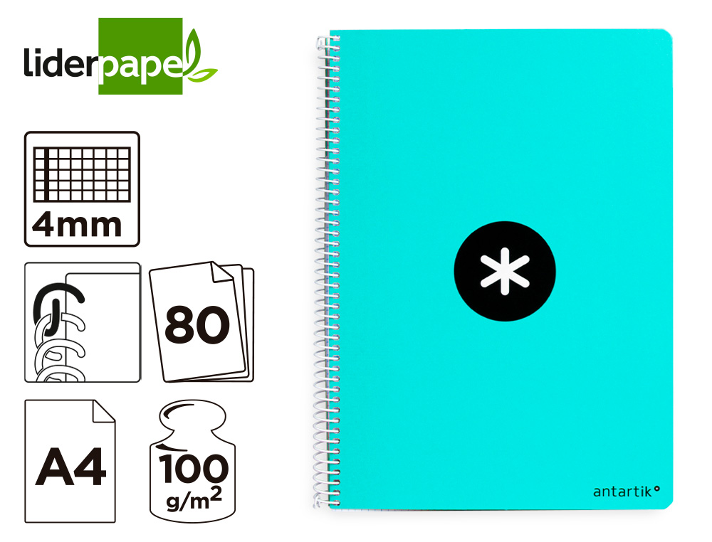 CUADERNO ESPIRAL A4 ANTARTIK TAPA DURA 80H 90GR CUADRO 4MM CON MARGEN COLOR MENTA