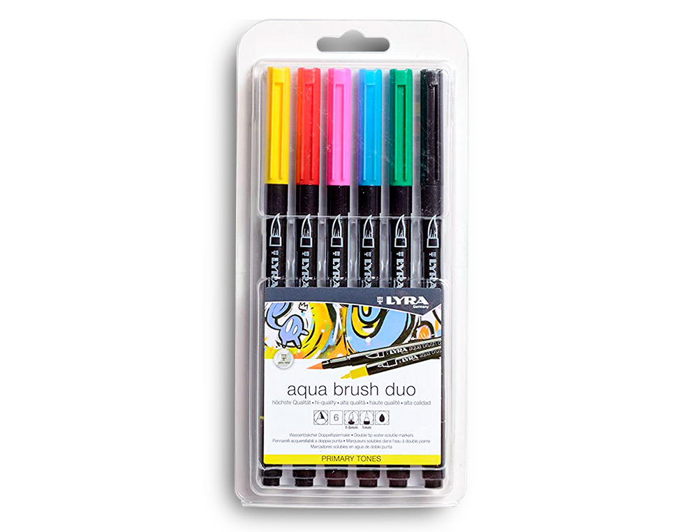 ROTULADOR LYRA AQUA BRUSH ACUARELABLE DOBLE PUNTA Y PINCEL TONOS PRIMARIOS BLISTER DE 6 UNIDADES