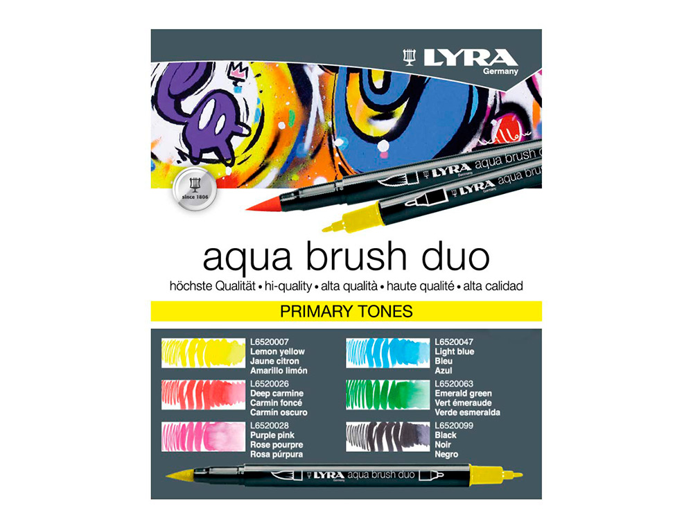 ROTULADOR LYRA AQUA BRUSH ACUARELABLE DOBLE PUNTA Y PINCEL TONOS PRIMARIOS BLISTER DE 6 UNIDADES