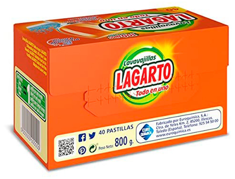PASTILLA LAVAVAJILLAS LAGARTO TODO EN UNO ABRILLANTA DESINCRUSTA Y PROTEGE SIN PRELAVADO CAJA DE 40 UNIDADES