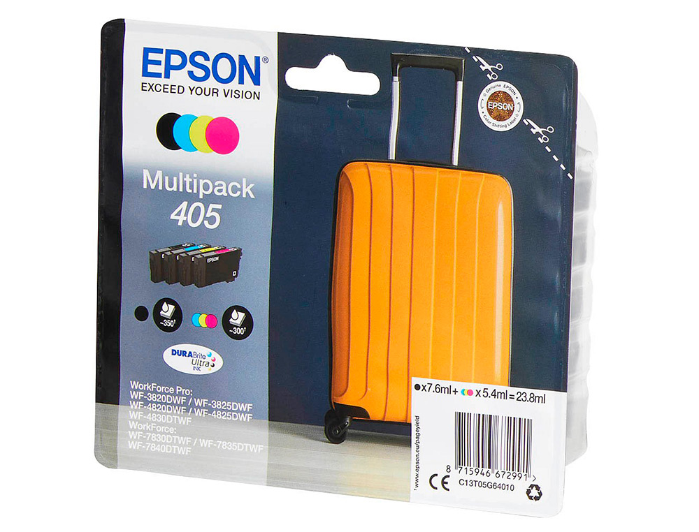 INK-JET EPSON 405 WF-3820DWF / WF-4820DWF / WF-7830DTWF / WF-7840DTWF ALTA CAPACIDAD PACK DE 4 COLORES