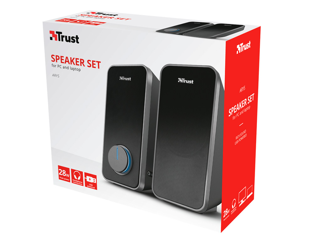 ALTAVOCES TRUST ARYS 2.0 POTENCIA MAXIMA 28W CONTROL DE VOLUMEN Y CONEXION AURICULARES USB COLOR NEGRO