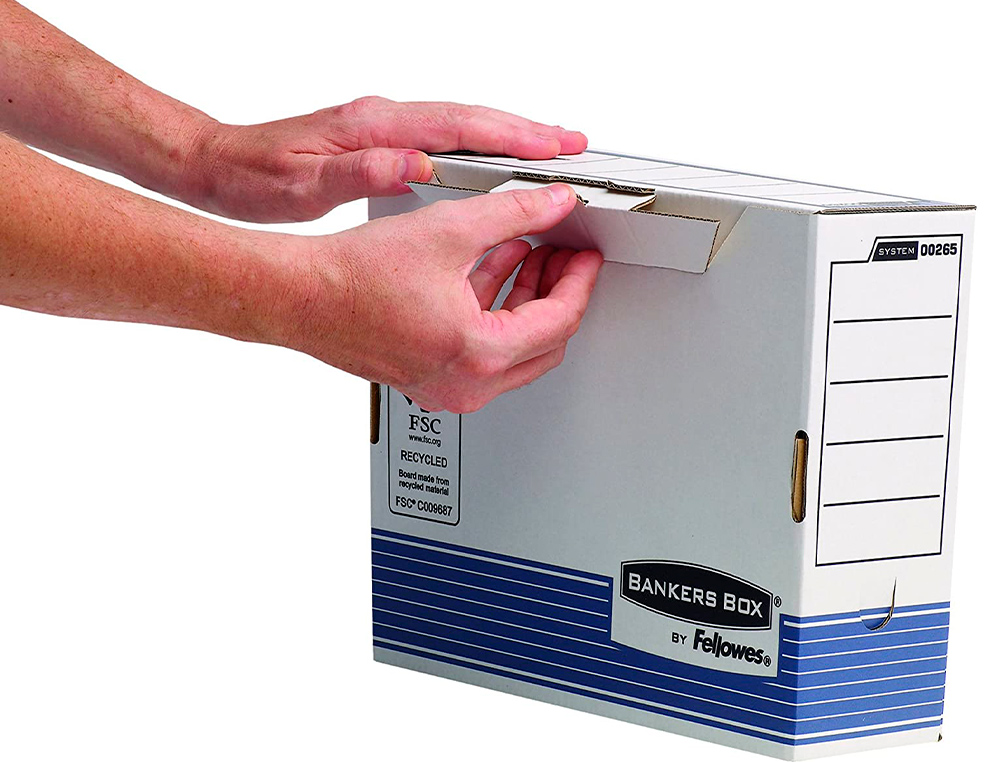 CAJA ARCHIVO DEFINITIVO FELLOWES A4 CARTON RECICLADO 100% LOMO 100 MM MONTAJE AUTOMATICO COLOR AZUL