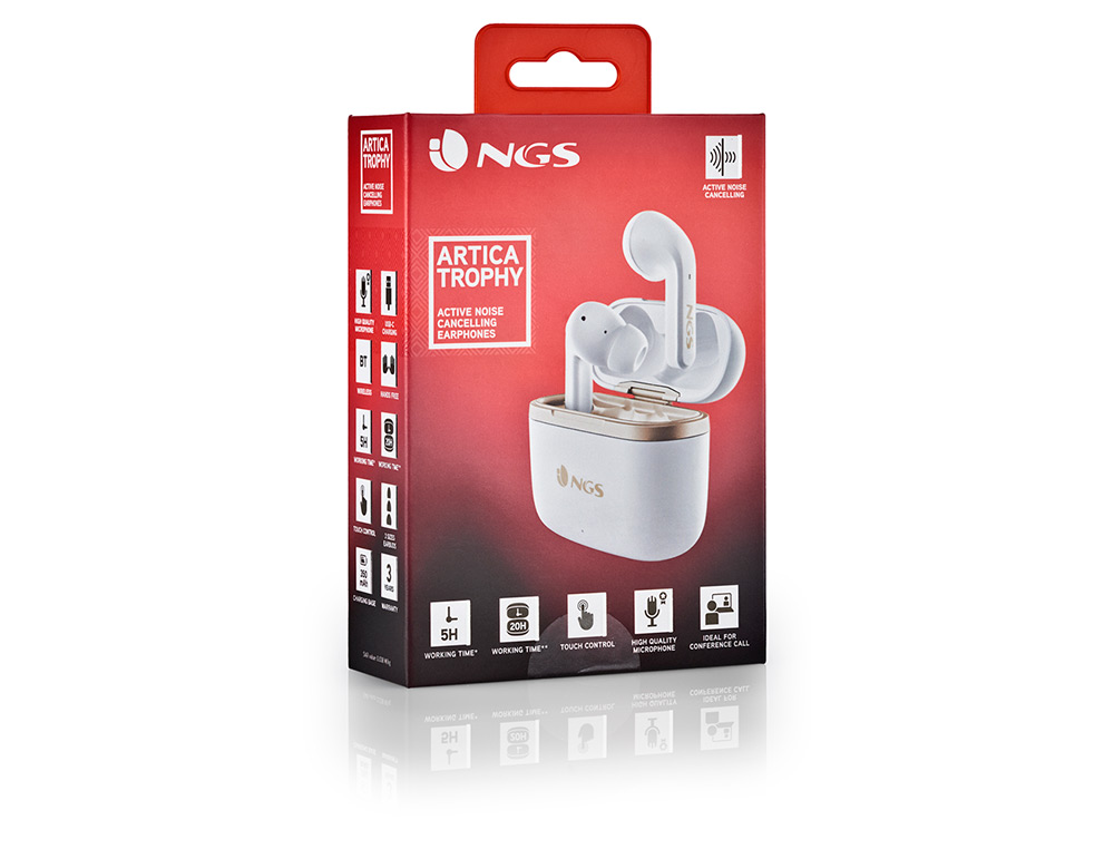AURICULAR NGS ARTICA TROPHY INALAMBRICO ALCANCE 10 M BASE DE CARGA CONTROL TACTIL AUTONOMIA 20 HORAS USB-C