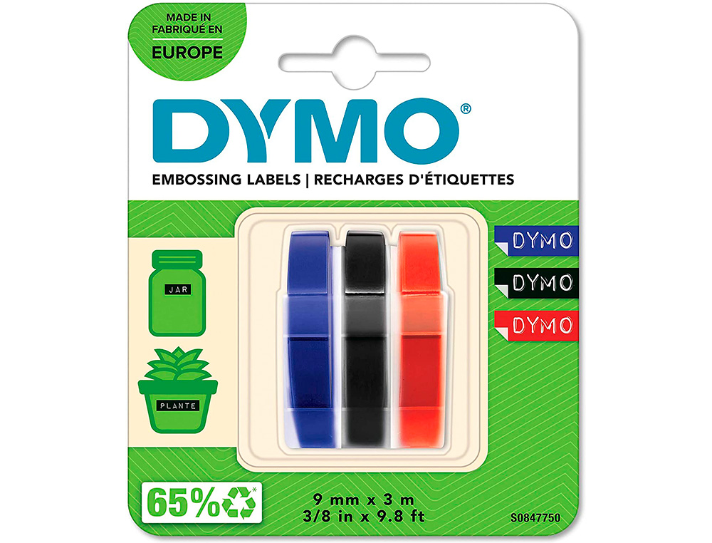 CINTA DYMO 3D 9MM X 3MT PARA ROTULADORA OMEGA/JUNIOR COLOR AZUL/NEGRO/ROJO BLISTER 3 UNIDADES