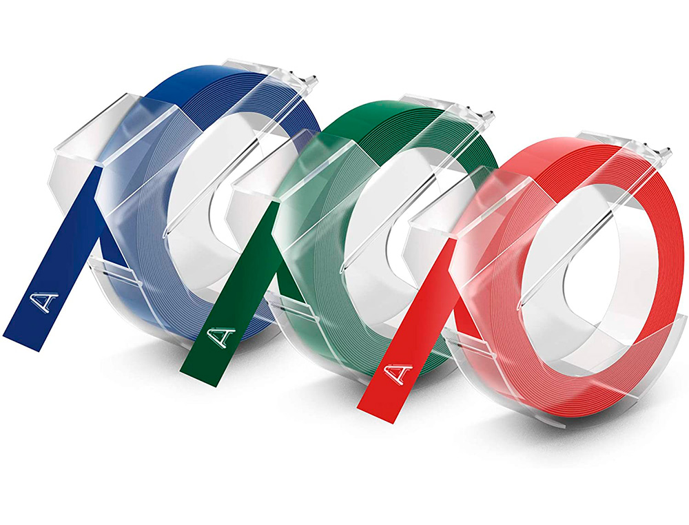 CINTA DYMO 3D 9MM X 3MT PARA ROTULADORA OMEGA/JUNIOR COLOR AZUL/NEGRO/ROJO BLISTER 3 UNIDADES