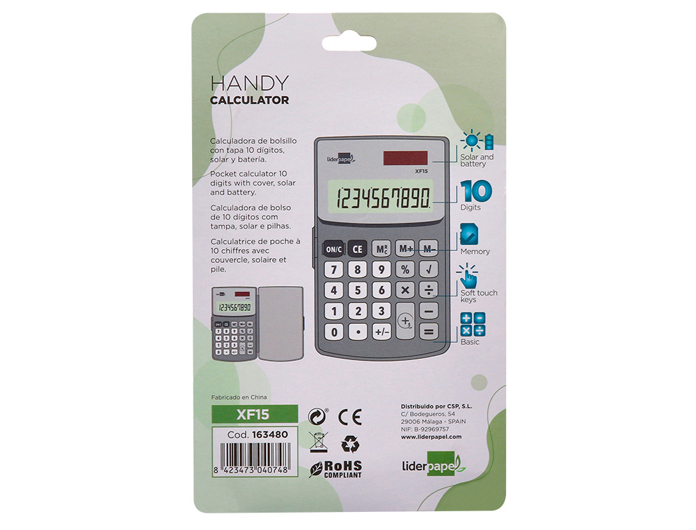 CALCULADORA LIDERPAPEL BOLSILLO XF15 10 DIGITOS CON TAPA SOLAR Y PILAS COLOR GRIS 123X75X12 MM