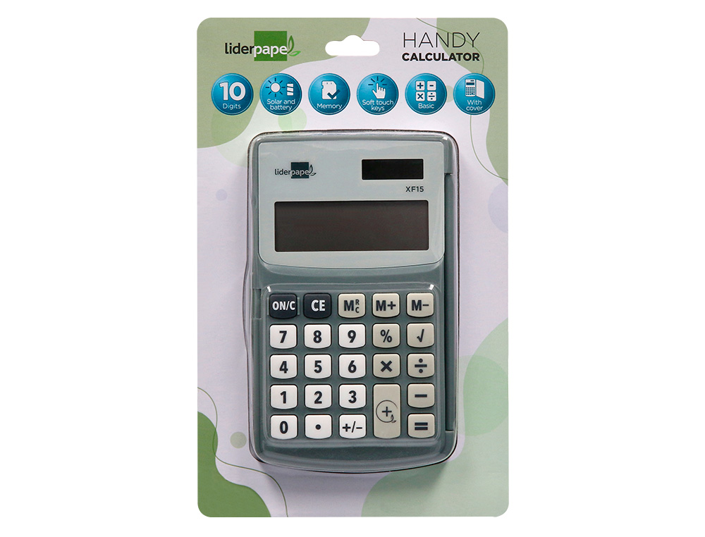 CALCULADORA LIDERPAPEL BOLSILLO XF15 10 DIGITOS CON TAPA SOLAR Y PILAS COLOR GRIS 123X75X12 MM