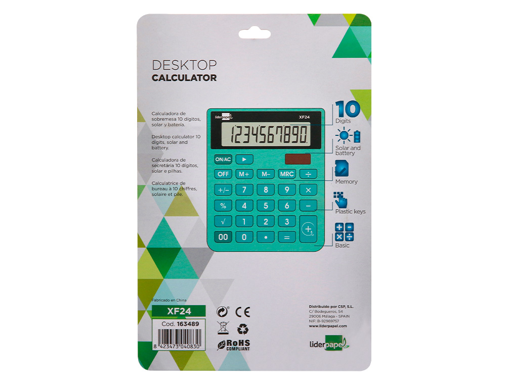 CALCULADORA LIDERPAPEL SOBREMESA XF24 10 DIGITOS SOLAR Y PILAS COLOR VERDE 127X105X24 MM