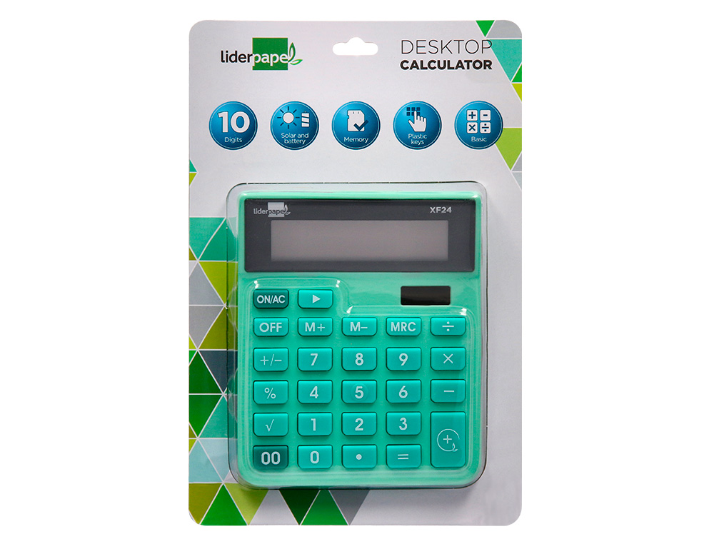 CALCULADORA LIDERPAPEL SOBREMESA XF24 10 DIGITOS SOLAR Y PILAS COLOR VERDE 127X105X24 MM