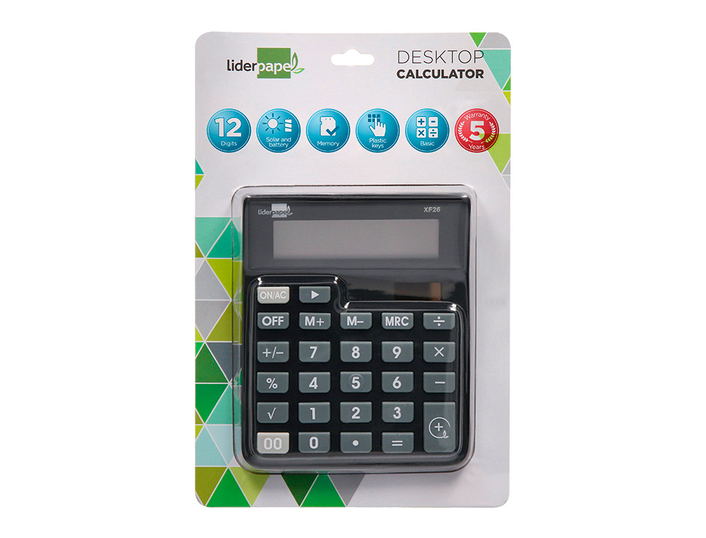 CALCULADORA LIDERPAPEL SOBREMESA XF26 12 DIGITOS SOLAR Y PILAS COLOR NEGRO 127X105X24 MM