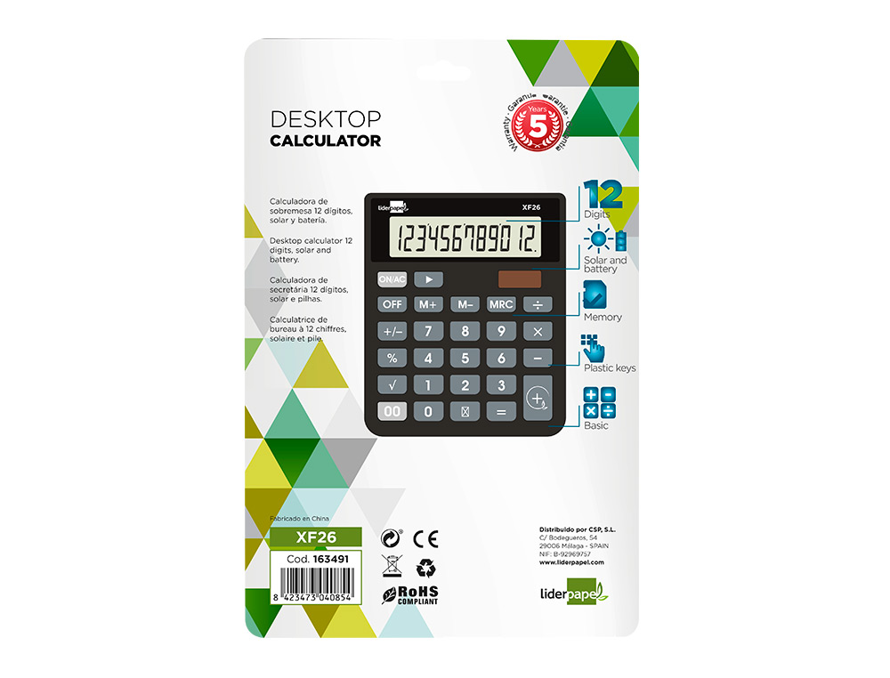 CALCULADORA LIDERPAPEL SOBREMESA XF26 12 DIGITOS SOLAR Y PILAS COLOR NEGRO 127X105X24 MM