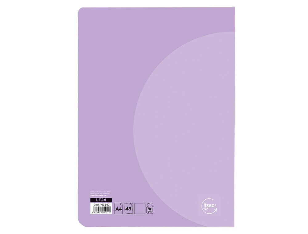 LIBRETA LIDERPAPEL 360 TAPA DE PLASTICO A4 48 HOJAS 90G/M2 LISO SIN MARGEN COLORES PASTEL SURTIDOS
