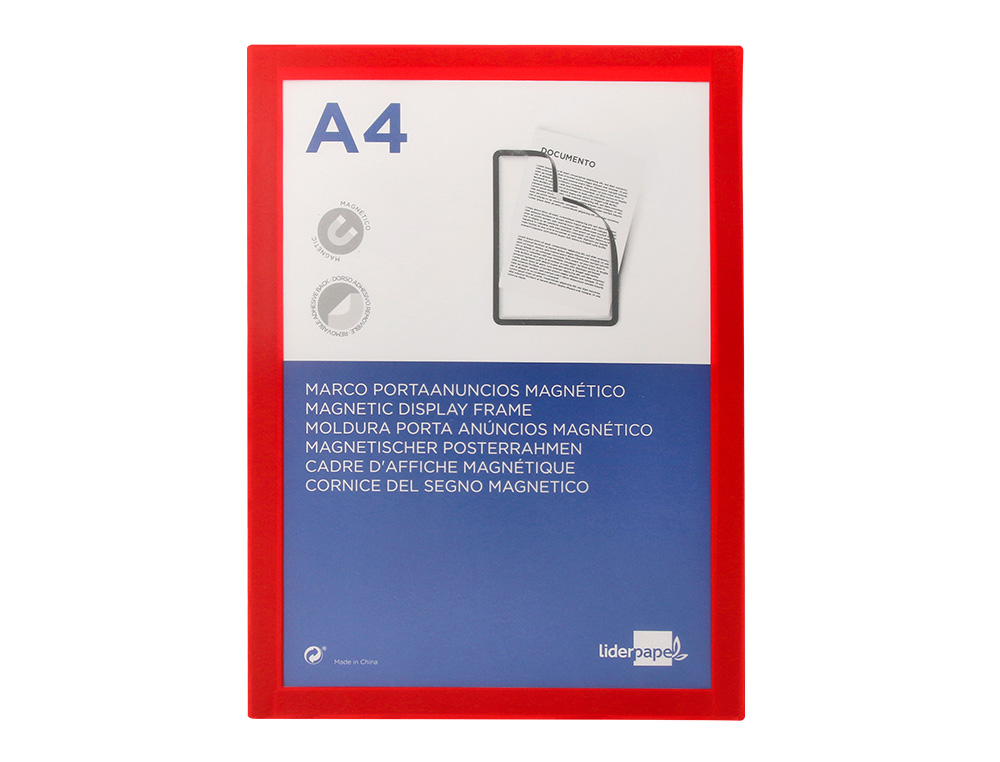 MARCO PORTA ANUNCIOS LIDERPAPEL MAGNETICO DIN A4 DORSO ADHESIVO REMOVIBLE COLOR ROJO