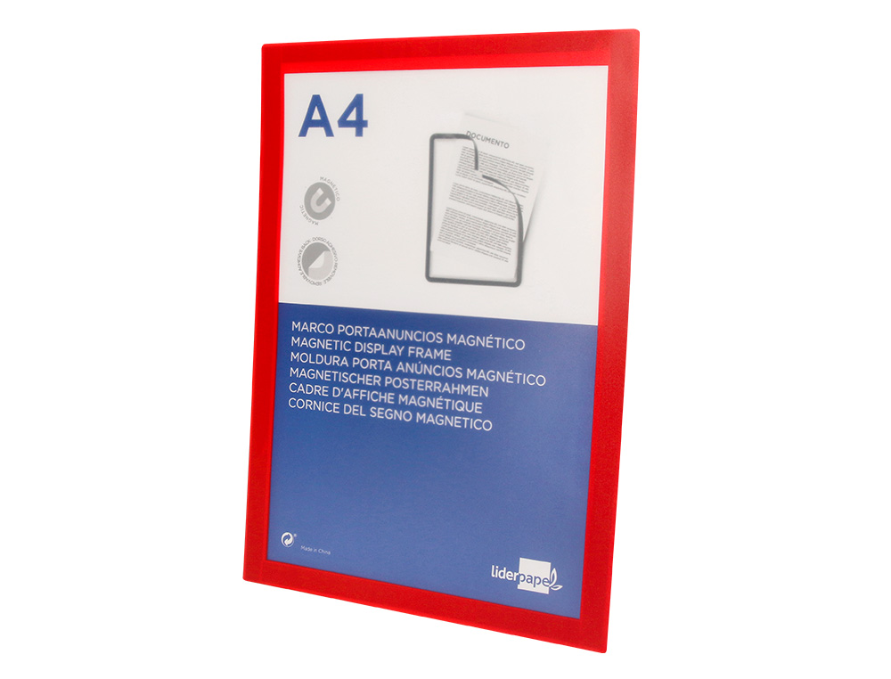 MARCO PORTA ANUNCIOS LIDERPAPEL MAGNETICO DIN A4 DORSO ADHESIVO REMOVIBLE COLOR ROJO