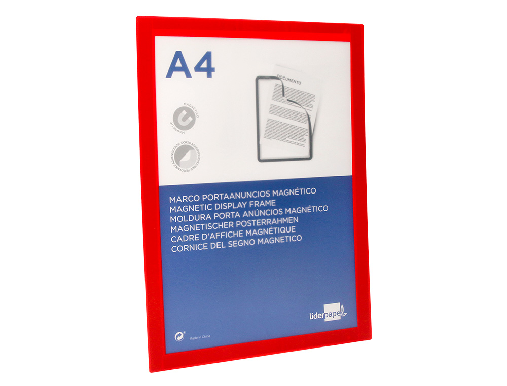 MARCO PORTA ANUNCIOS LIDERPAPEL MAGNETICO DIN A4 DORSO ADHESIVO REMOVIBLE COLOR ROJO