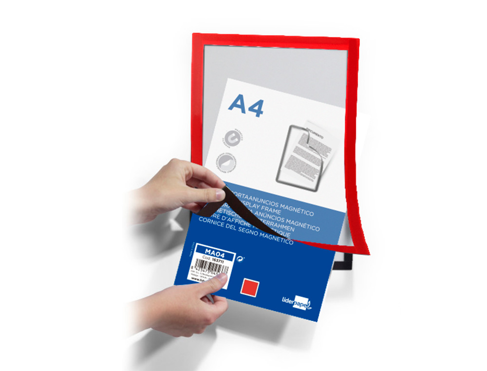 MARCO PORTA ANUNCIOS LIDERPAPEL MAGNETICO DIN A4 DORSO ADHESIVO REMOVIBLE COLOR ROJO