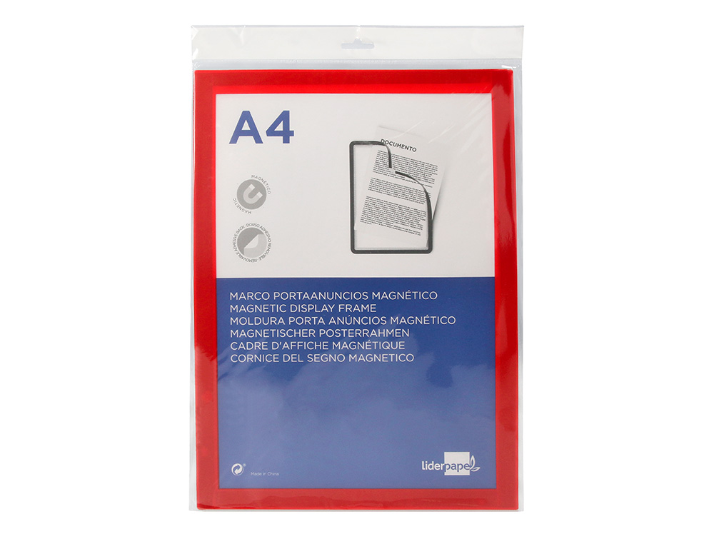 MARCO PORTA ANUNCIOS LIDERPAPEL MAGNETICO DIN A4 DORSO ADHESIVO REMOVIBLE COLOR ROJO