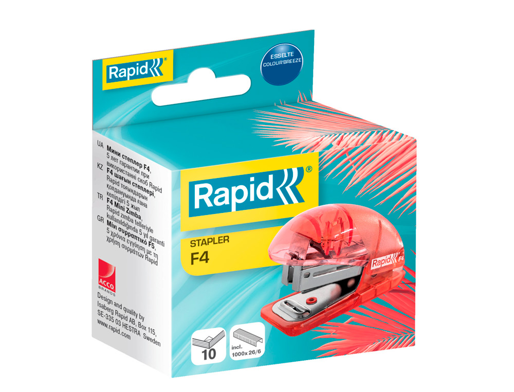 GRAPADORA RAPID MINI F4 COLOUR BREEZE USA GRAPAS 24/6 Y 26/6 COLOR CORAL EN BLISTER