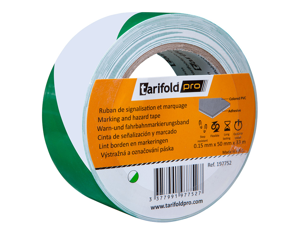 CINTA ADHESIVA DJOIS SEGURIDAD PARA MARCAJE Y SEÑALIZACION DE SUELO 33 MT X 50 MM COLOR BLANCO/VERDE