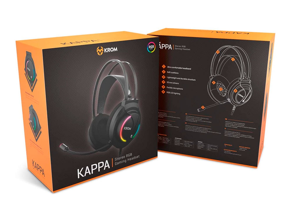 AURICULAR KROM KAPPA GAMING ESTEREO CON MICROFONO FLEXIBLE ILUMINACION LED RGB RAINBOW LONGITUD CABLE 210 CM