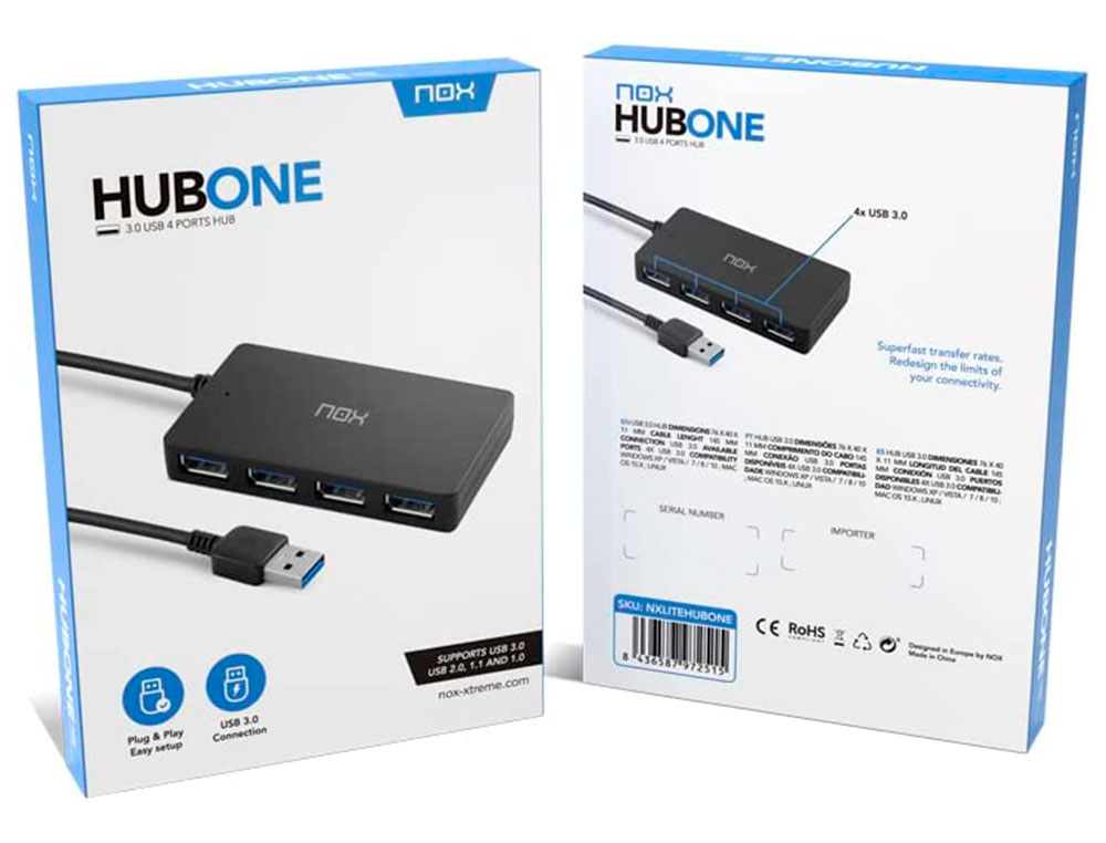 HUB NOX 4 PUERTOS USB 3.0 COMPATIBLE CON WINDOWS MAC Y LINUX