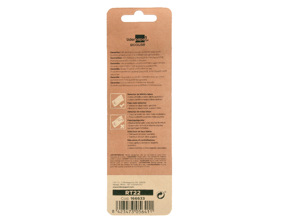 ROTULADOR LIDERPAPEL ECOUSE DETECTOR DE BILLETES FALSOS CUERPO PLASTICO 100% RECICLADO EN BLISTER
