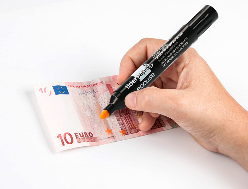 ROTULADOR LIDERPAPEL ECOUSE DETECTOR DE BILLETES FALSOS CUERPO PLASTICO 100% RECICLADO EN BLISTER
