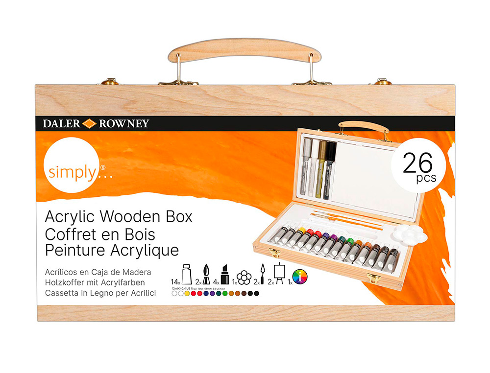 MALETIN DE PINTURAS ACRILICAS DALER ROWNEY MADERA 26 PIEZAS 334X204X50 MM