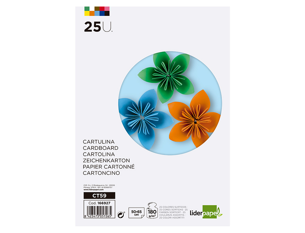CARTULINA LIDERPAPEL 50X65 CM 180G/M2 25 COLORES SURTIDOS PAQUETE DE 25 HOJAS