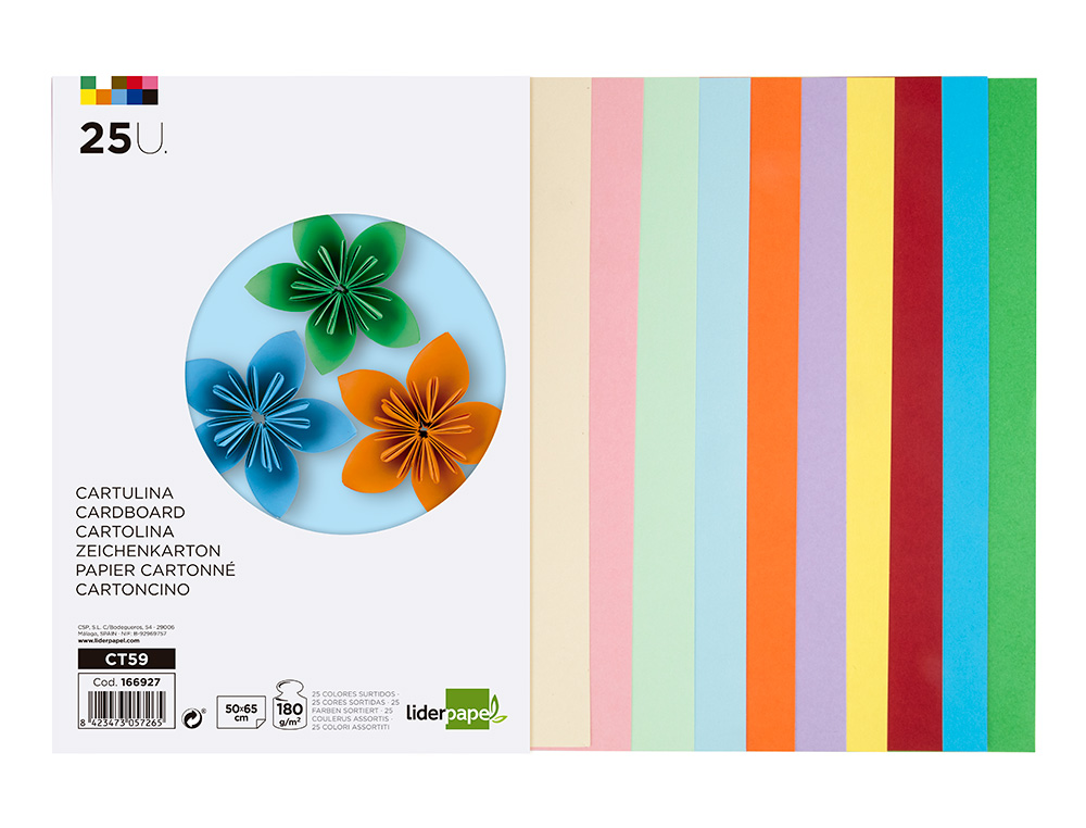 CARTULINA LIDERPAPEL 50X65 CM 180G/M2 25 COLORES SURTIDOS PAQUETE DE 25 HOJAS