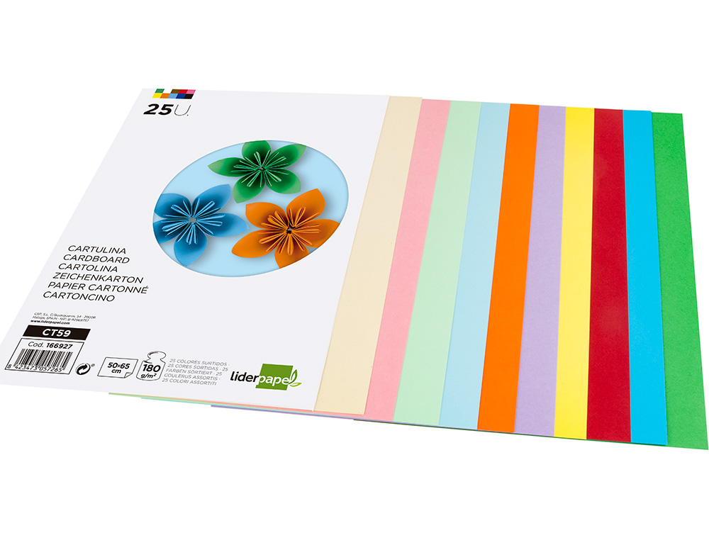 CARTULINA LIDERPAPEL 50X65 CM 180G/M2 25 COLORES SURTIDOS PAQUETE DE 25 HOJAS