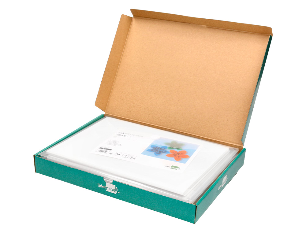 CARTULINA LIDERPAPEL A4 180G/M2 BLANCO PAQUETE DE 25+5 HOJAS EN CARPETA DOSSIER TRANSPARENTE CON CIERRE VELCRO