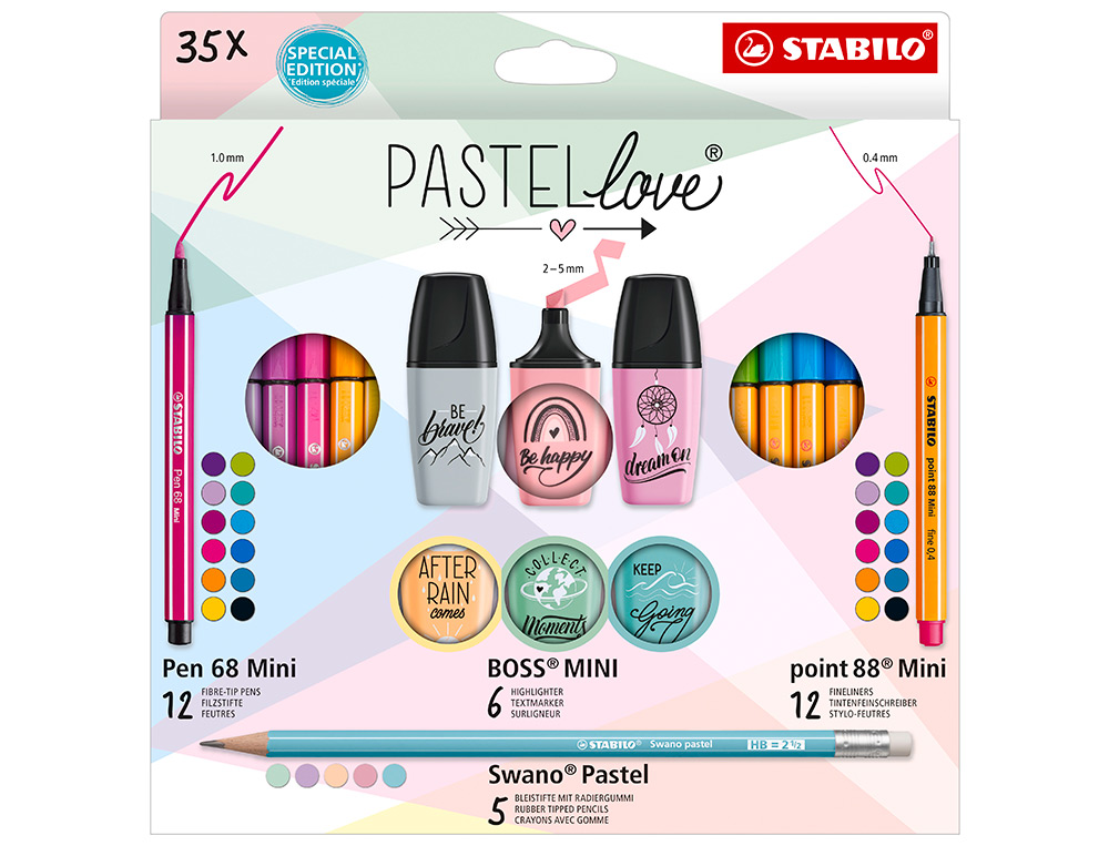 SET STABILO PASTEL LOVE MINI WORLD PEN 68 / POINT 88 / BOSS / SWANO 35 UNIDADES SURTIDAS
