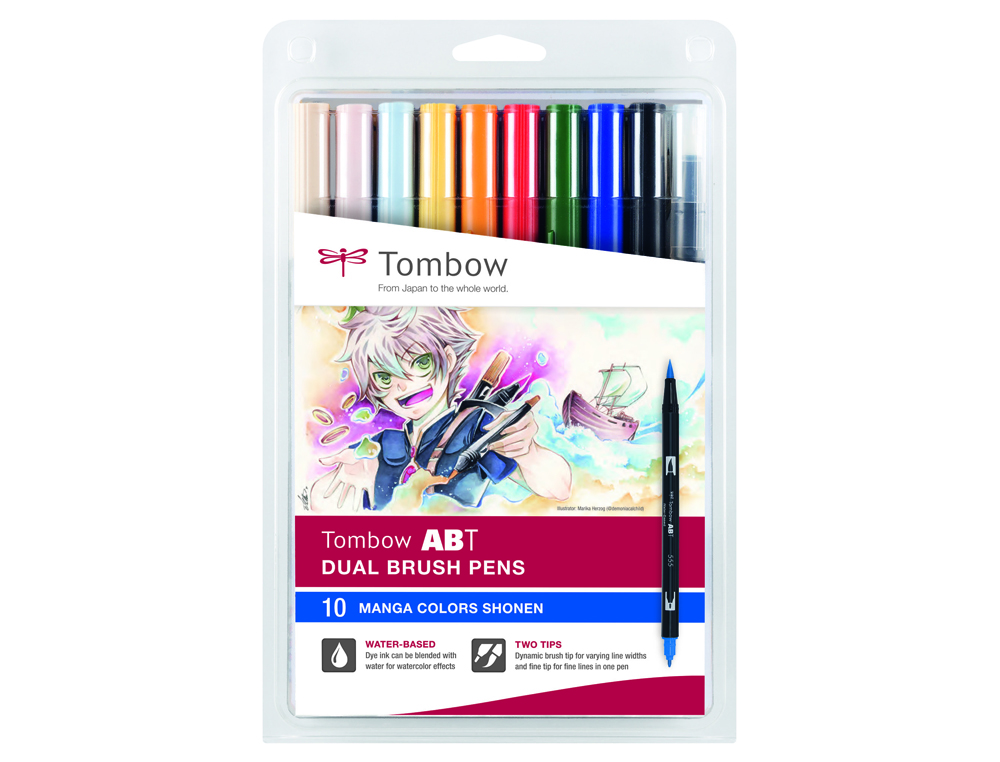 ROTULADOR TOMBOW ABT DUAL BRUSH ACUARELABLE DOBLE PUNTA FINA/PINCEL ESTUCHE DE 10 COLORES MANGA SHONEN