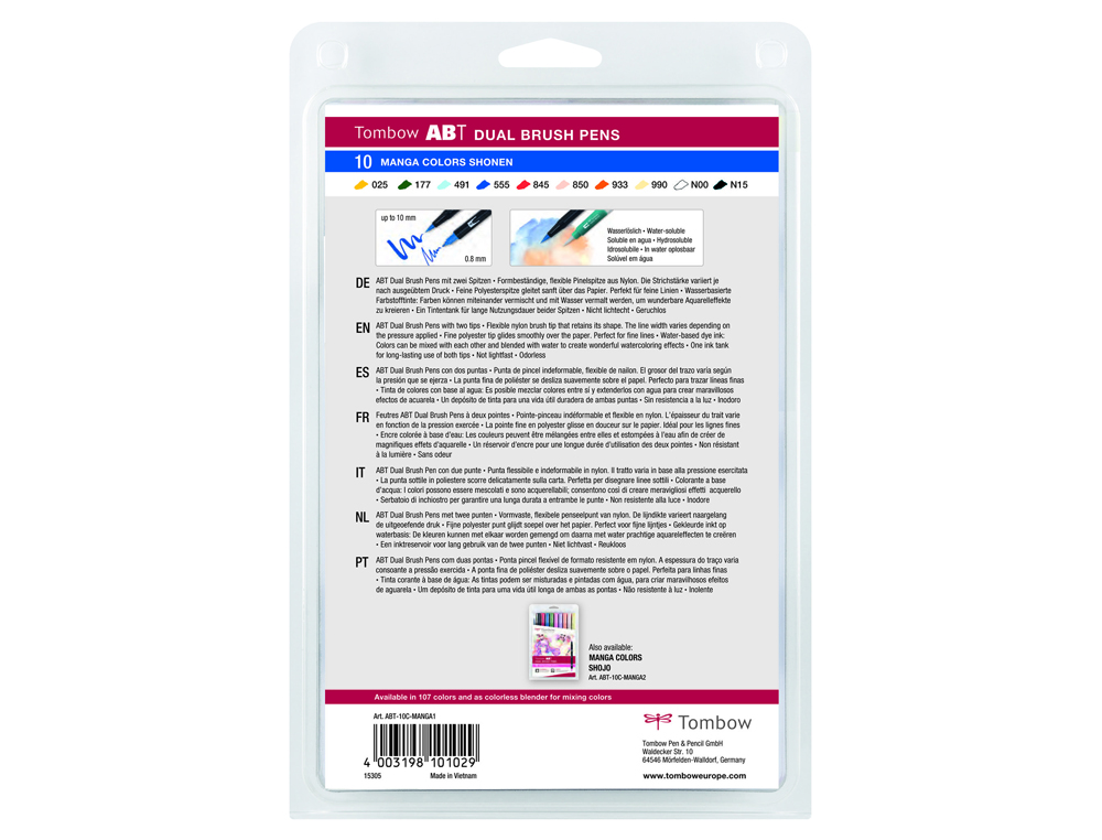 ROTULADOR TOMBOW ABT DUAL BRUSH ACUARELABLE DOBLE PUNTA FINA/PINCEL ESTUCHE DE 10 COLORES MANGA SHONEN