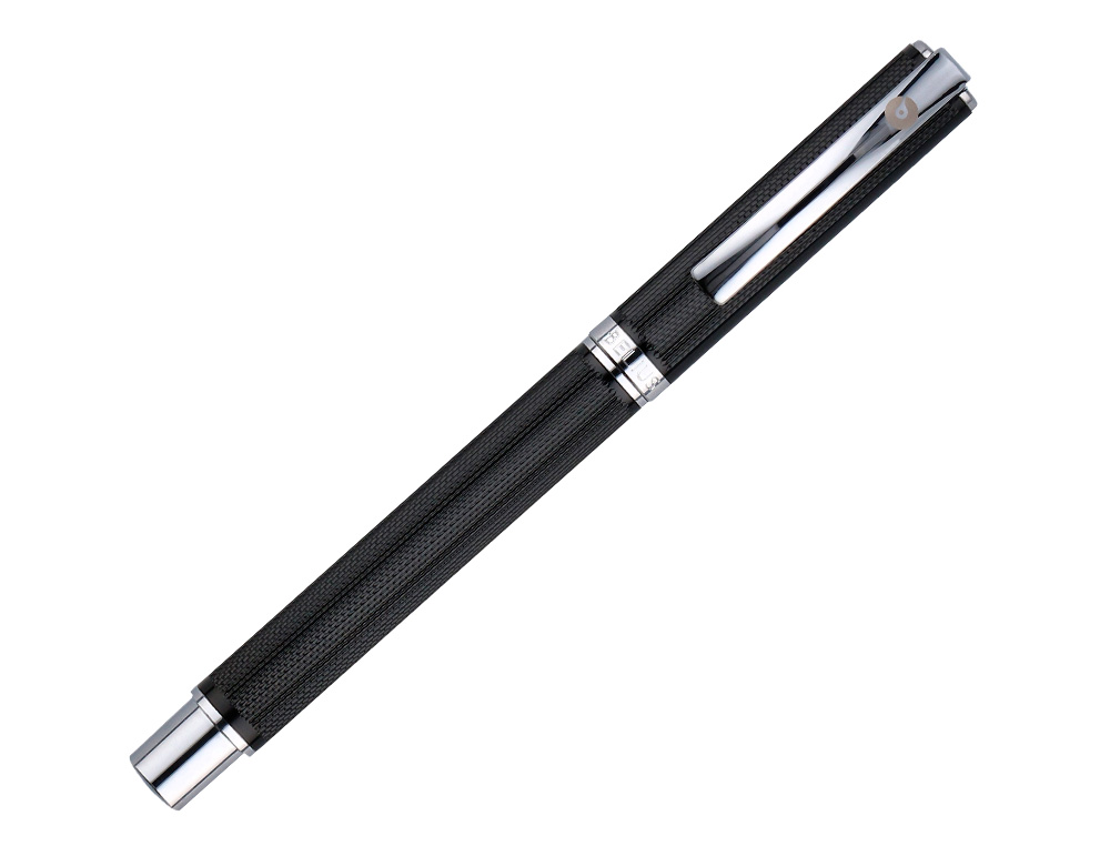 PLUMA Y ESTUCHE BELIUS TURBO ALUMINIO TEXTURA PUNTEADA COLOR NEGRO Y PLATEADO TINTA AZUL CAJA DE DISEÑO