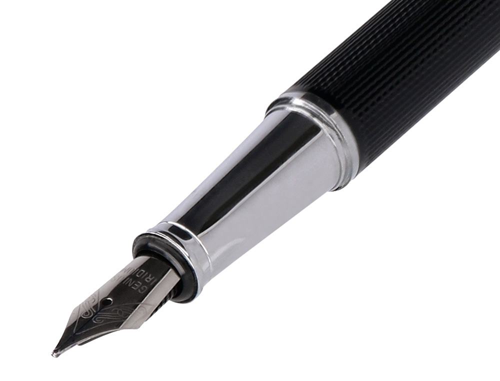 PLUMA Y ESTUCHE BELIUS TURBO ALUMINIO TEXTURA PUNTEADA COLOR NEGRO Y PLATEADO TINTA AZUL CAJA DE DISEÑO