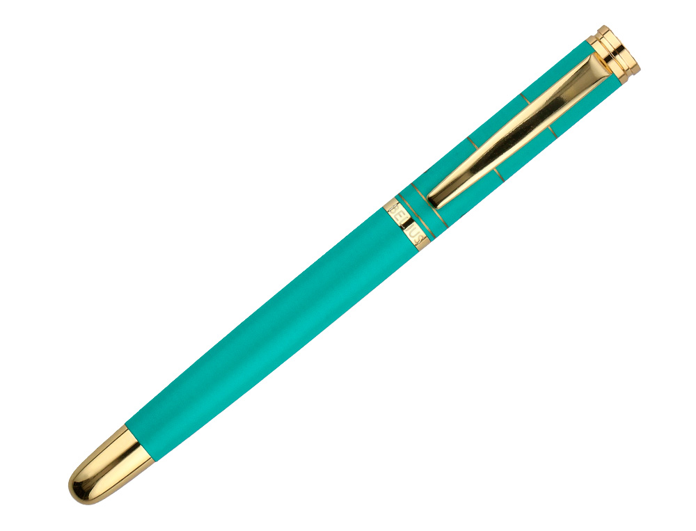 PLUMA Y ESTUCHE BELIUS SOIREE COLOR ART DECO TURQUESA DORADO TINTA AZUL CAJA DE DISEÑO