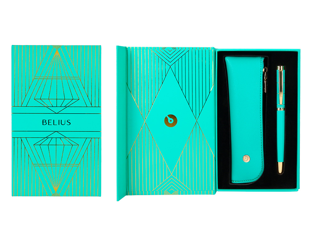 PLUMA Y ESTUCHE BELIUS SOIREE COLOR ART DECO TURQUESA DORADO TINTA AZUL CAJA DE DISEÑO