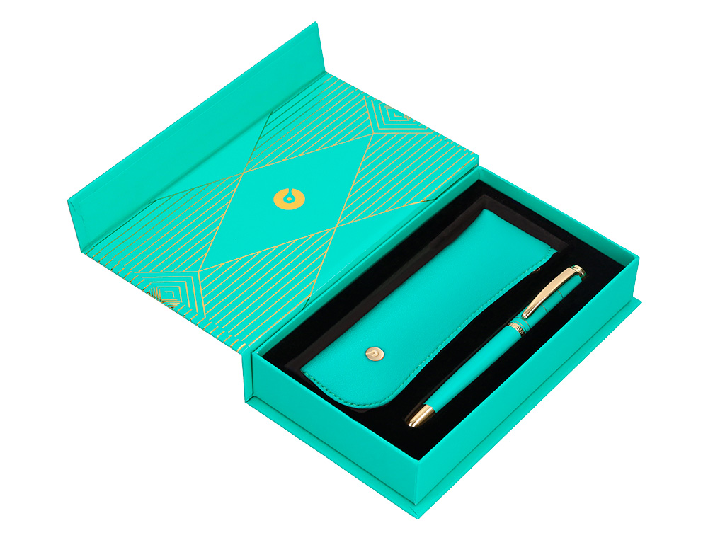PLUMA Y ESTUCHE BELIUS SOIREE COLOR ART DECO TURQUESA DORADO TINTA AZUL CAJA DE DISEÑO