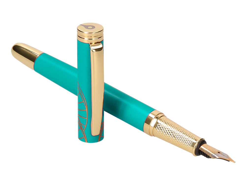 PLUMA Y ESTUCHE BELIUS SOIREE COLOR ART DECO TURQUESA DORADO TINTA AZUL CAJA DE DISEÑO