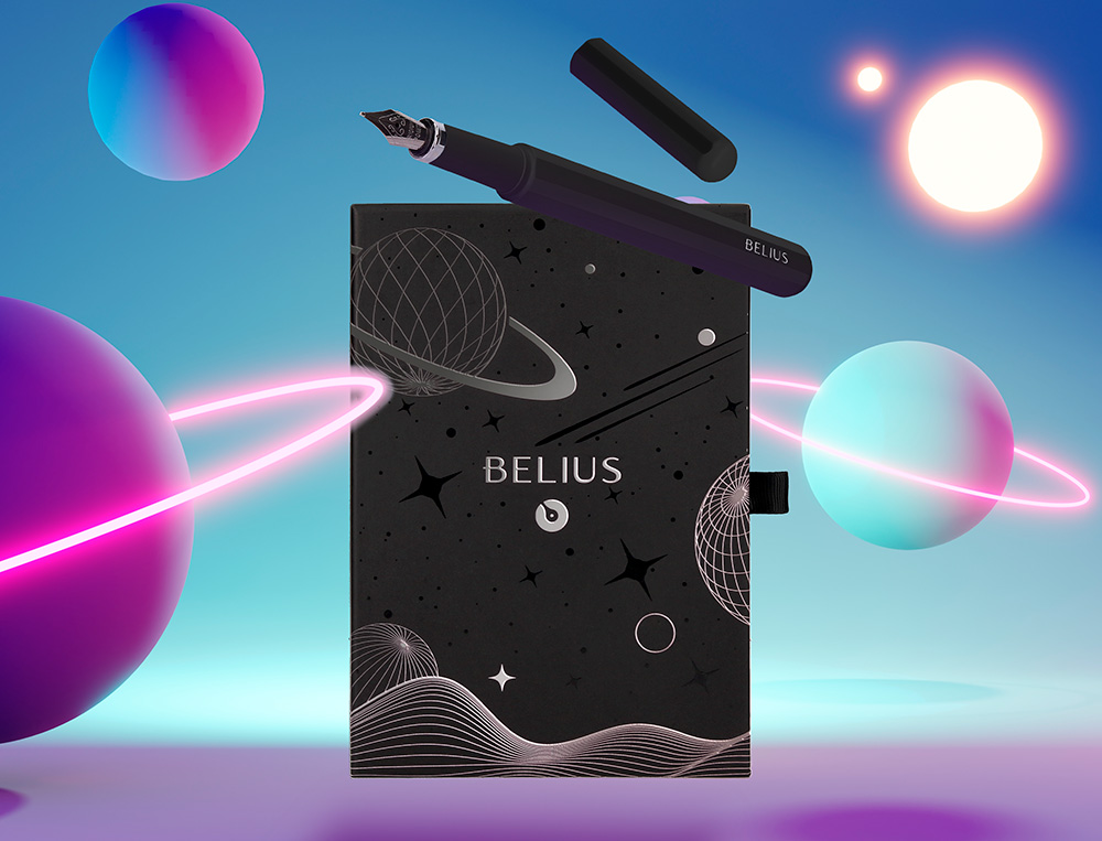 PLUMA Y FUNDA DE SIMILPIEL BELIUS SPACE B COLOR MINIMALISTA NEGRO TINTA AZUL CAJA DE DISEÑO