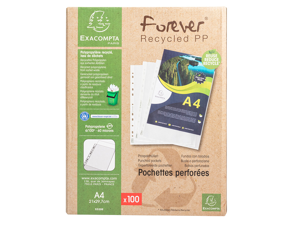 FUNDA MULTITALADRO EXACOMPTA RECICLADA POLIPROPILENO 60 MC DIN A4 PIEL DE NARANJA CAJA DE 100 UNIDADES