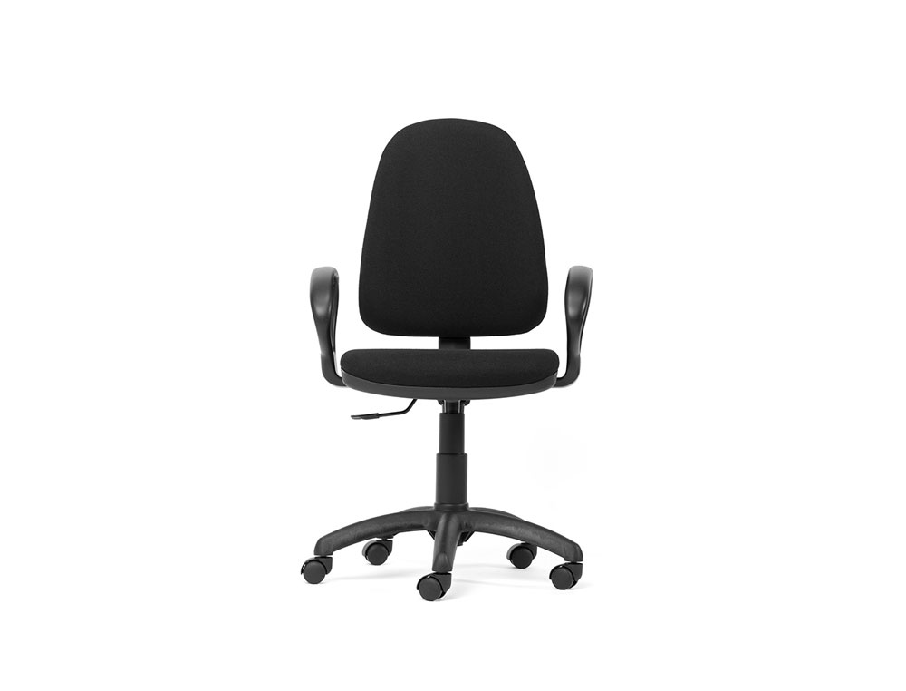 SILLA ROCADA DE OFICINA BRAZOS FIJOS BASE NYLON RESPALDO Y ASIENTO TELA IGNIFUGA NEGRO