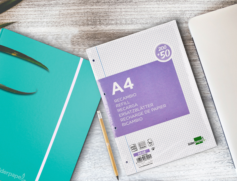 RECAMBIO LIDERPAPEL A4 200+50 HOJAS 90G/M2 CUADRO 4MM CON MARGEN 4 TALADROS