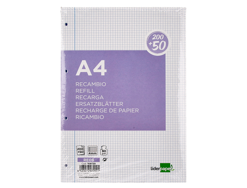 RECAMBIO LIDERPAPEL A4 200+50 HOJAS 90G/M2 CUADRO 4MM CON MARGEN 4 TALADROS